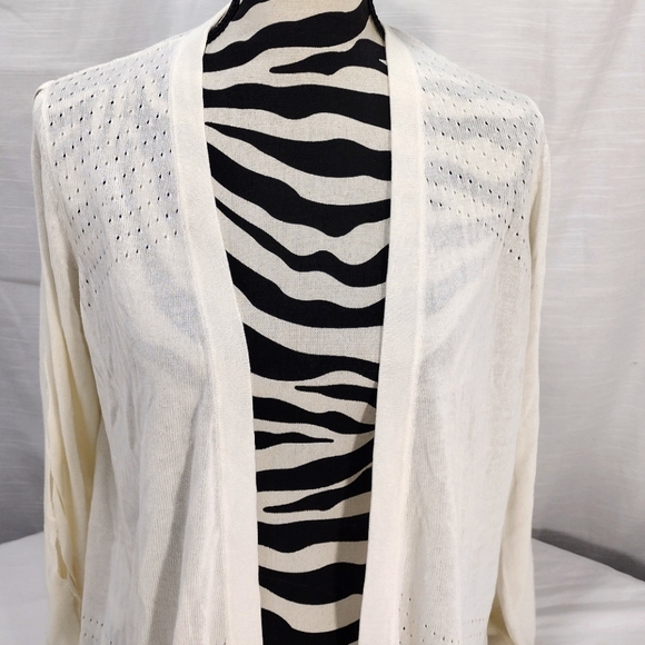 August Moon Cream Rayon Thin Knit Eyelet Criss Cross Cut-Out Sleeve Cardigan - Picture 2 of 14